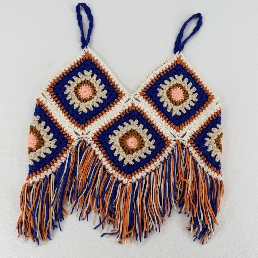 En Creme Crochet Fringe Tank Top Boho Festival Granny Square S/M - Picture 12 of 13